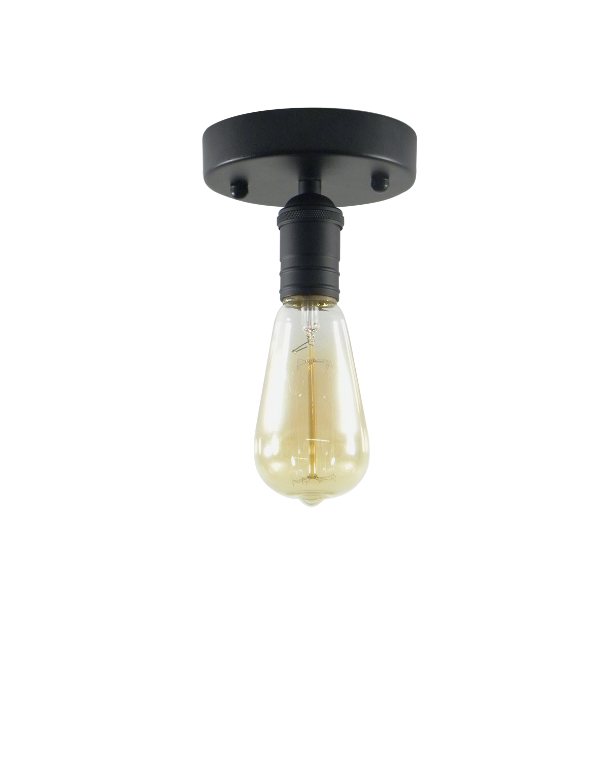 Flush mount light fixture with a sleek black base and an exposed filament bulb