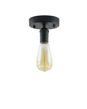 Flush mount light fixture with a sleek black base and an exposed filament bulb