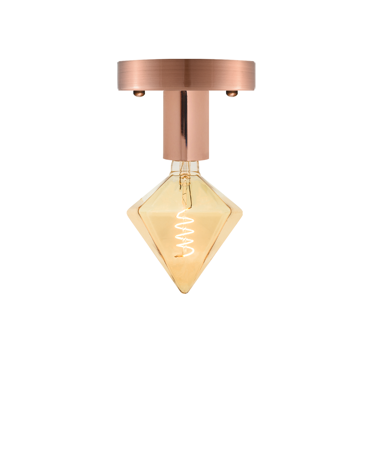 Flush mount light fixture with a rose gold base and a unique diamond-shaped bulb.