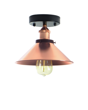 Flush mount light fixture with a black base and a copper metal shade.