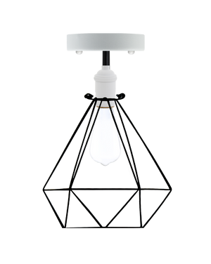 Semi-flush mount light fixture with a white base, black geometric metal cage, and an exposed white edison bulb.