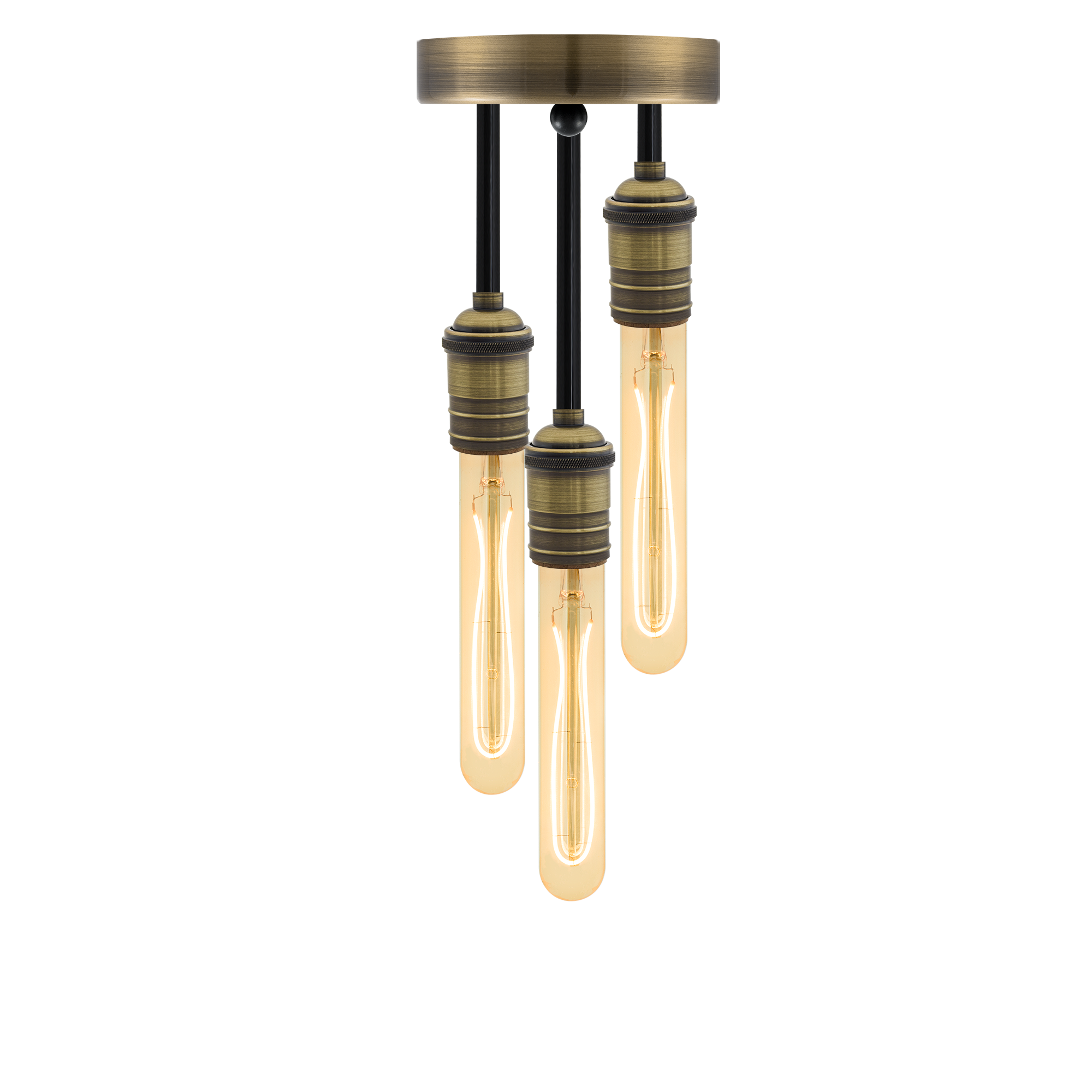 Semi-flush mount light fixture with a brass base and three hanging exposed filament bulbs.