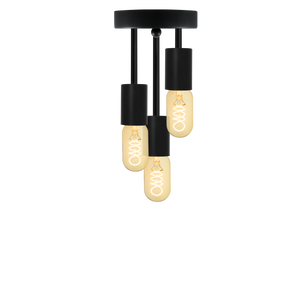 Semi-flush mount light fixture with a black base and three hanging bulbs with matching black fixtures.